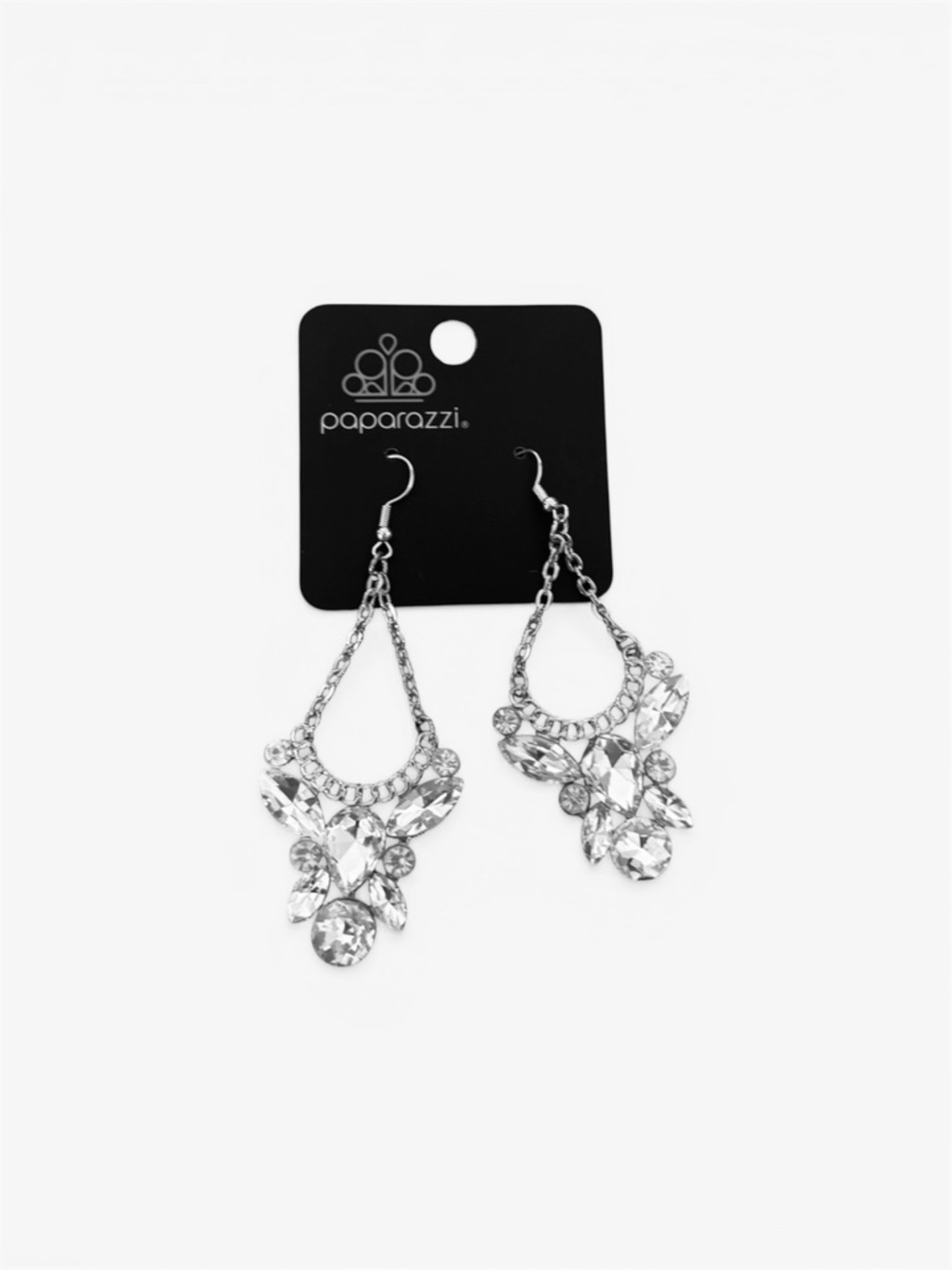 paparazzi Silver Rhinestone Teardrop Chandelier Earrings